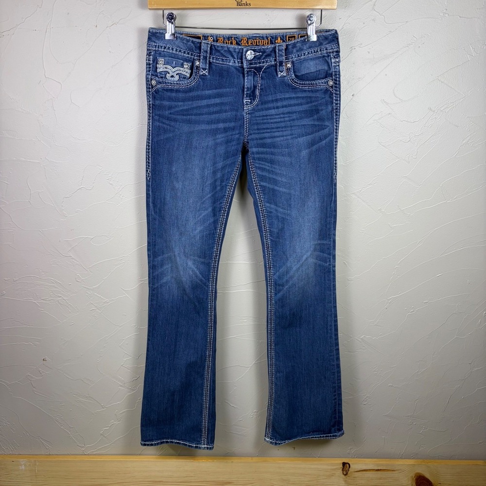Rock Revival Easy Boot Jeans Blue Denim Womens Chereen Sz 28 Rhinestone Y2K Blue
